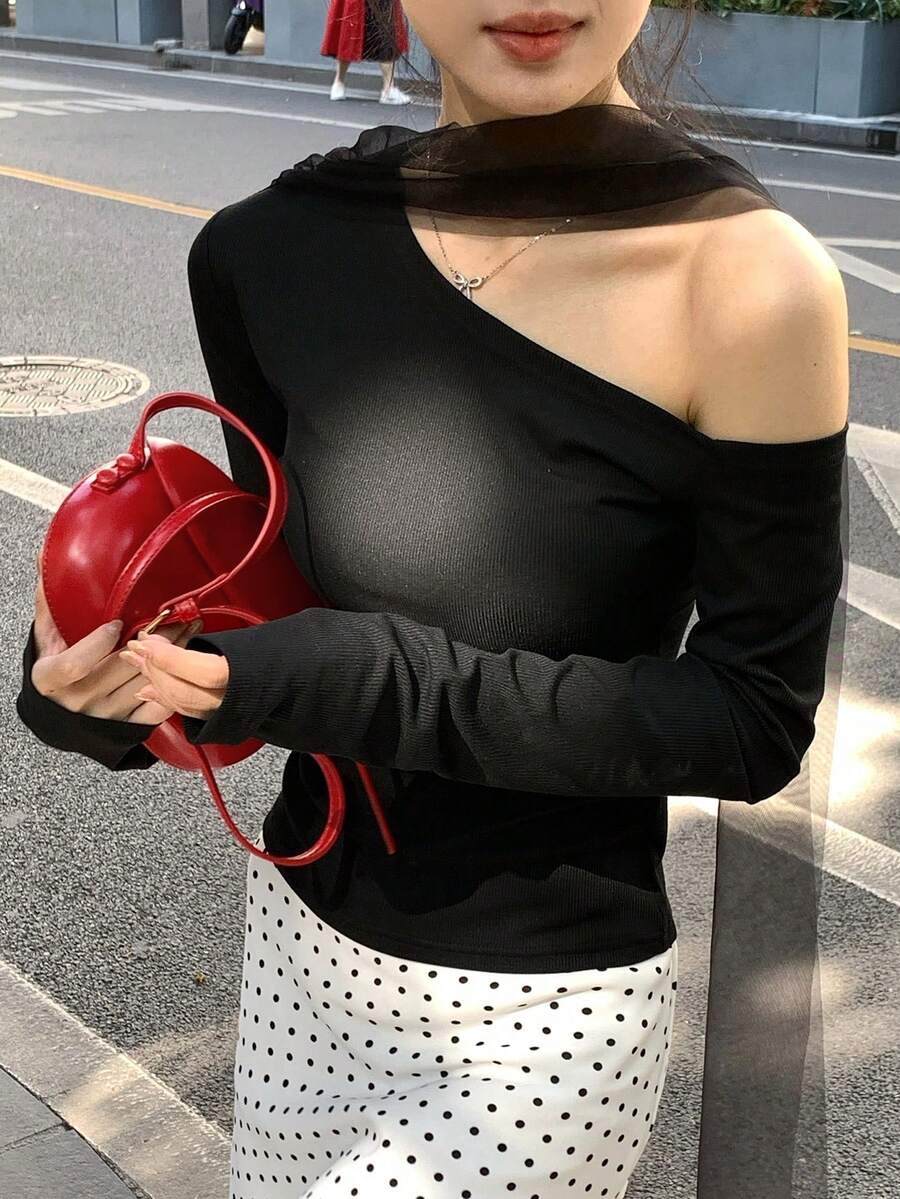 DAZY Women's Elegant 2 In 1 Splice Asymmetrical Shoulder Long Sleeve T-Shirt, Suitable For Spring & Summer, Party & Date - Black - View 1