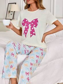 EURMUSE Bow Print Pajama Set, Short Sleeve Graphic Tee & Printed Pants, Soft Ribbed Lounge Co-Ord, Kawaii Aesthetic Sleepwear, Y2K Cute Casual Homewear - White - View 4
