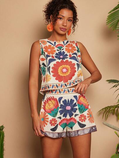 Travachic Women's Vacation Floral Print Tank Top & Shorts 2 Pieces Set, Spring To Summer, Valentine's Day, Carnival Costume, Elegant Outfits For Party, Beach Outfits, Wedding Guest Outfits, Summer Vacation Outfits,  Casual Outfits,Tropical Vacation, Bohemian Outfits, Ibiza Outfits, Western Style
