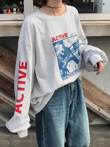 FRIFUL 女士灰色圆领宽松字母印花装饰落肩长袖宽松休闲百搭T恤，秋冬款 - 灰色 - 查看 4