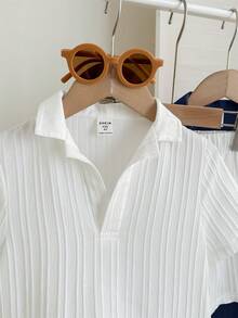 SHEIN LMoss Kids 6件套男童休闲校园风舒适时尚纹理面料短袖衬衫短裤套装，适合日常穿着、运动、郊游、上学、聚会、度假、拍照等场合，春夏皆宜。 - 藏蓝色 - 查看 7