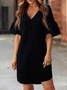 EMERY ROSE Women's V-Neck Ruffle Sleeve Casual Versatile Dress, Spring/Summer - Black - View 3