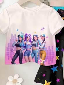 2pcs/Set Girls K-Pop Girl Group Graphic Print Round Neck Short Sleeve T-Shirt Top And Colorful Star Flare Pants Set, Casual Daily Outfit For Baby/Toddler Girls, Spring/Summer Baby Girl Streetwear Baby Girl Outfit Baby Girl Birthday Clothes Baby Girl Clothes Skirt Baby Girl Clothes Set - Multicolor - View 4