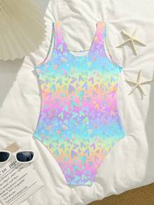 SHEIN Tween-Mädchen Farbverlauf Regenbogen Herz Badeanzug, 8-12 Jahre alt, süßer holografischer glänzender Teenager Schwimmanzug, Schüler Strand Urlaub Kawaii Bademode - Verschiedenfarbig - Übersicht 3