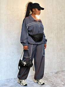 Slaydiva Conjunto de 2 piezas de top de manga larga y pantalones de talla grande con contraste de color - Azul - Ver 7