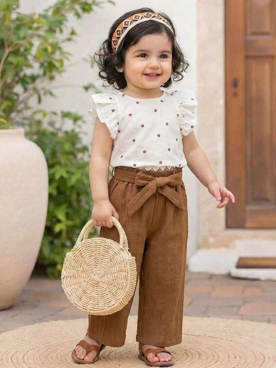 SHEIN 女童两件套：针织纯色荷叶边领上衣和梭织碎花宽松裤 - 駝色 - 查看 1