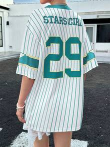 INAWLY Women's New V-Neck Casual Sports Letters And Pattern Stitching Oversized Loose Short-Sleeved Pink T-Shirt Graphic Tees Women Tops - Green - View 2