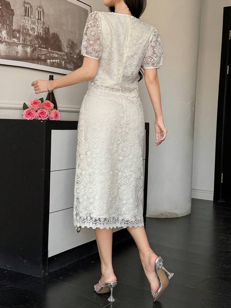 French Lace Elegant High-End Cinched Waist Maxi Dress Women's Set