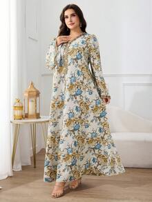 Al Najma Đầm maxi cỡ lớn dành cho nữ, cổ chữ V, in hoa toàn thân, kiểu dáng Ả Rập cổ điển. - Nhiều màu - Xem 7