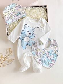 3pcs/Set Newborn Baby Cute Cartoon Bear, Star, Moon, Cloud Print Long Sleeve Romper, Bib, Hat, Infant Jumpsuit Outfit - White - View 3