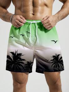 Manfinity Swimmode Plus Size Men's Ombre Botanical Print Slant Pocket Drawstring Waist Beach Shorts - Green - View 3