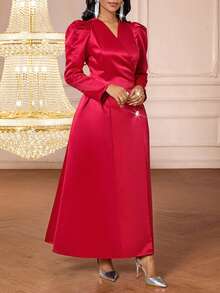 SHEIN Lady 女士优雅纽扣装饰泡泡袖连衣裙，秋季 - 紅色 - 查看 4