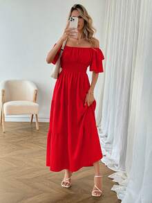 SHEIN LUNE 休闲女士露肩长裙，红色，适合情人节 - 紅色 - 查看 6