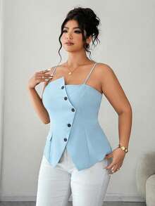 Elenzga Plus Size Elegant Baby Blue Top Women,Summer Office Commute Fashionable Asymmetric Waist Cinched Camisole With Adjustable Straps,A-Line Hem Slit Top - Baby Blue - View 7