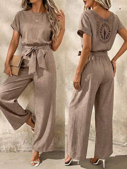 SHEIN Clasi Vacation Casual Short Sleeve Jumpsuit With Belt