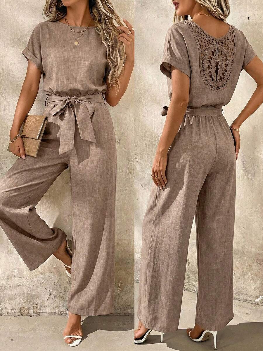 SHEIN Clasi Vacation Casual Short Sleeve Jumpsuit With Belt - Camel - View 1