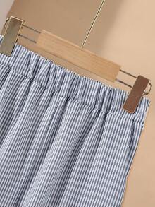 Sparklyn 2 件套休闲少女条纹翻领短袖短款上衣和阔腿 3/4 裤套装，办公室/日常穿着