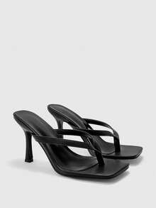 CUCCOO BIZCHIC 经典简约条纹人字拖女式高跟凉鞋，时尚简约夹扣式女式高跟拖鞋凉鞋 - 黑色 - 查看 2