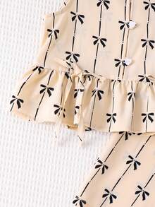 SHEIN LMoss Kids 2件套少女编织蝴蝶结装饰休闲吊带背心和裤子套装 - 黑與白 - 查看 8