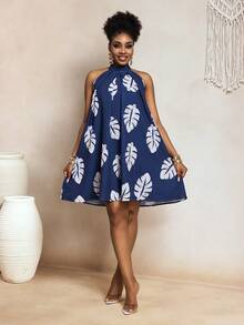 SHEIN BamGlam New Elegant Vacation Digital Print Halter Backless Women Dress, Spring/Summer - Blue - View 4