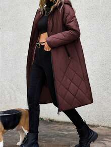 Aveloria Modichic Women's Solid Color Long Sleeve Zip Front Drawstring Hooded Casual Winter Jacket - Coffee Brown - View 1