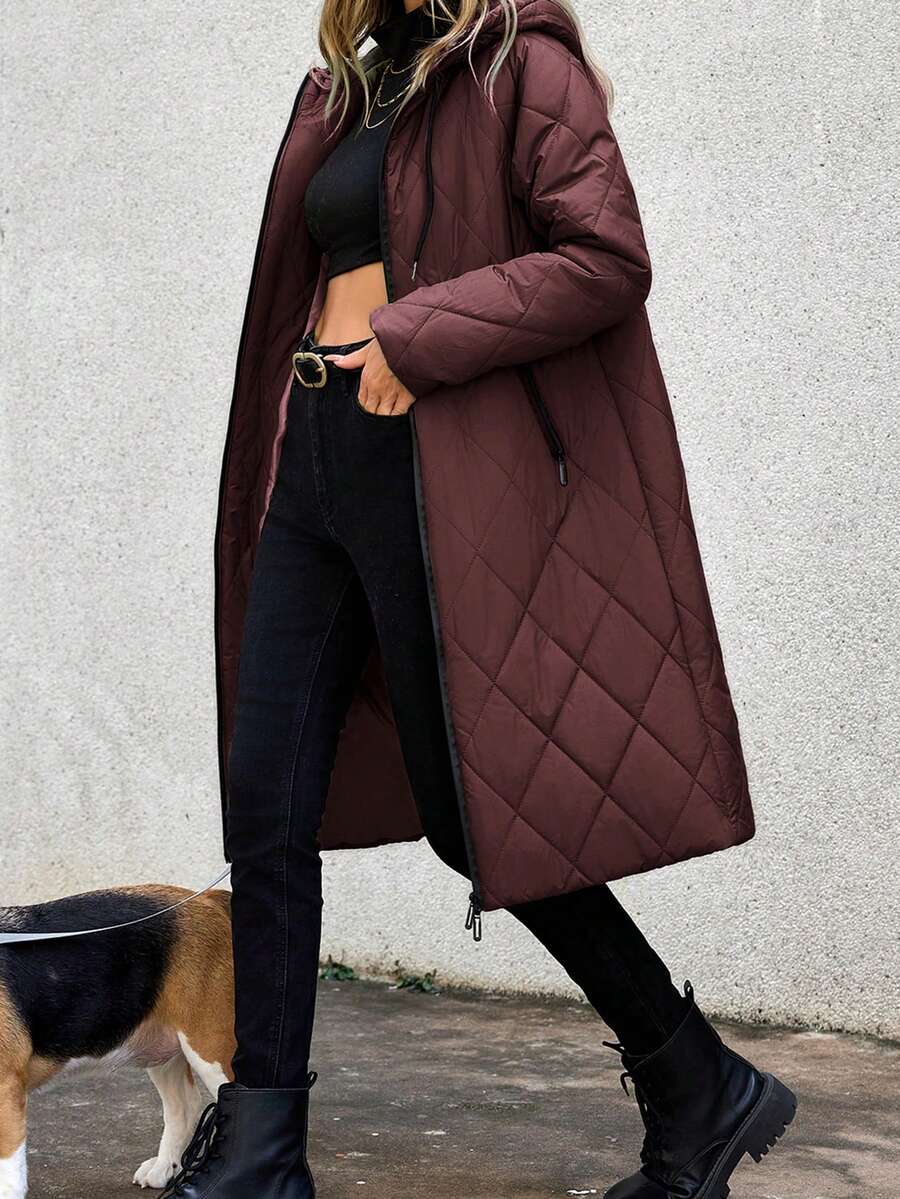 Aveloria Modichic Women's Solid Color Long Sleeve Zip Front Drawstring Hooded Casual Winter Jacket - Coffee Brown - View 1