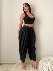 SHEIN SXY Women's Solid Color Pleated Button Casual Versatile Commuting Carrot Pants, Loose Pants, Baggy Pants,, Black Pants, Harem Pants, - Black - View 5
