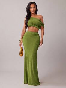 Radiana 女士性感休闲优雅绿色修身两件套：不对称露肩短款上衣和荷叶边腰部鱼尾裙，适合约会、聚会、生日、派对、节日和正式场合的正式连衣裙套装 - 綠色 - 查看 3