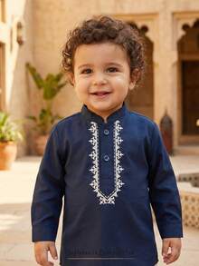 Cozy Pixies Baby Boy Traditional Pattern Mandarin Collar Long Sleeve Half-Placket Pullover Top Blue Shirt Baby Baby Arabic Clothing Baby Boy Suit Baby Navy Blue Kurta Suit For 2 Years Baby Navy Blue - Navy Blue - View 3