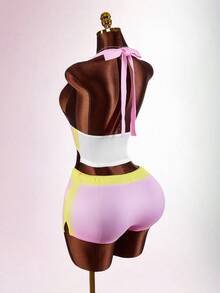 Amplova Women's Halter Neck 2 Pieces Sportswear Set Women's Waist Hollow Mesh See-Through Sexy Revealing Shorts Set Babyphat Purple Easter - Pink - View 7