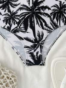 SHEIN Teen Girl Round Neck Raglan Sleeve Palm Tree Print One-Piece Swimsuit, Casual Summer - Black and White - View 7