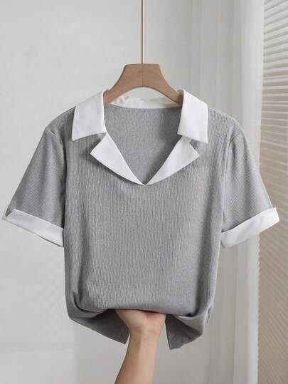 Resyla Business Casual Commute Daily Contrast Color 2 In 1 Collared Slim Fit T-Shirt