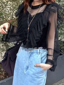 FRIFUL Áo kiểu nữ cổ tròn, chất liệu lưới, xếp lớp, viền bèo nhún, dáng rộng, màu trơn. - màu đen - Xem 7