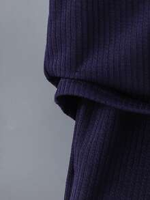 SHEIN 男童休闲罗纹半拉链上衣短裤套装（两件套），适合夏季外出穿着，简约设计，舒适百搭。 - 藏藍色 - 查看 4