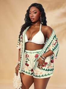 SHEIN SXY Plus Size Boho Multicolor Floral Print Woven Fabric Two Piece Shorts Set With Drop Shoulder Short Sleeve Blouse And Knot Details - Multicolor - View 4