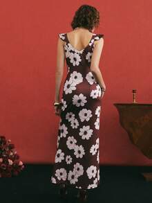 Poéselle 女士优雅印花中长连衣裙 - 杏色 - 查看 3