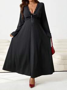 Solflare 大码V领纯色蕾丝边蝴蝶结装饰喇叭袖连衣裙 - 黑色 - 查看 7