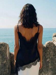 Nevyona Women's Sexy Vacation Style Solid Color Contrast Lace Asymmetrical Hem Backless Camisole Top - Black - View 3