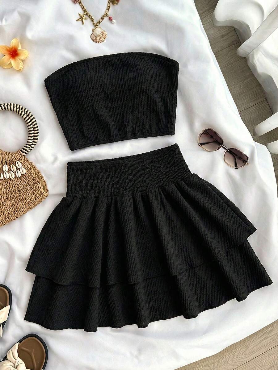 SHEIN Teen Girls Leopard Print Tube Top Cropped Camisole & High Waist Layered Ruffle Hem Skirt 2 Pieces Outfit, Casual Holiday Street Wear - Black - View 1