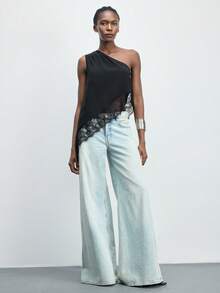 Maija Áo kiểu nữ không tay xếp ly màu đen trơn, thiết kế vai bất đối xứng, thích hợp cho mùa Xuân/Hè & Đầu Thu 2026, dịp Lễ Độc lập tháng 7 và Mùa tốt nghiệp, phong cách thành thị, thích hợp cho mùa hè, phối ren, dự tiệc Lễ Phục sinh. - màu đen - Xem 4