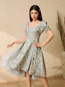 Dusky Blue Summer Elegant Graduation Formal Dress For Teen Girls,Flower Girls,Weddings,Galas,Brocade Deep V-Neck Puff Sleeve Puffy Princess Dress - Baby Blue - View 5