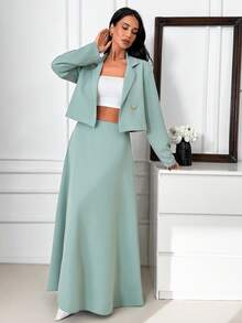 SHEIN Women Two Pieces Tie Detailed Blazer And Skirt Suit Sets - Mint Green - View 4