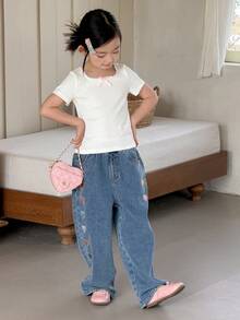 Dazy Kids Girls Toddler Crew Neck Bow Decor Short Sleeve T-Shirt, Fall Clothes