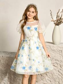 女童优雅印花修身欧根纱连衣裙，适合晚宴、圣诞节、万圣节、感恩节、婚礼、舞会、毕业典礼、返校季及其他场合。 - 杏色 - 查看 6