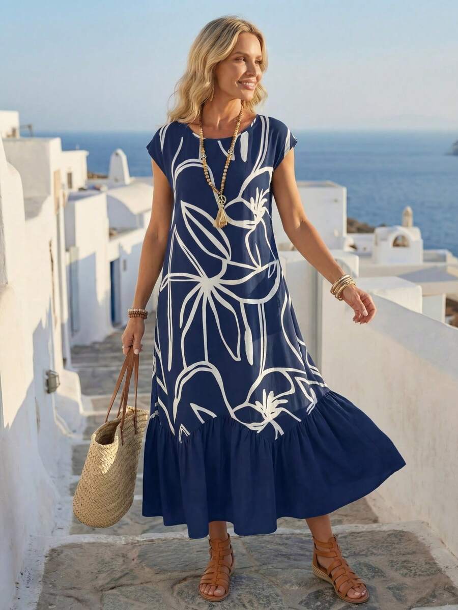 EMERY ROSE Vestido largo de manga corta para mujer con estampado a rayas, unicolor y bajo en la Bottom - Azul Marino - Ver 1