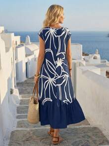 EMERY ROSE Vestido largo de manga corta para mujer con estampado a rayas, unicolor y bajo en la Bottom - Azul Marino - Ver 2
