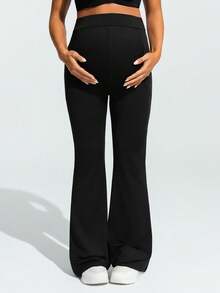 SHEIN Maternity Solid Color Adjustable Waistband Pocket Casual Flare Pants Maternity Pants Flared Leggings For Women Pregnancy Pants Bell Bottom Pants Maternity Clothes - Black - View 3