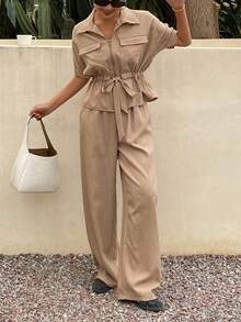 DAZY Women's Casual Loose Vacation Style Cinched Waist Shirt And Wide Leg Pants Set, Spring/Summer - Khaki - View 2
