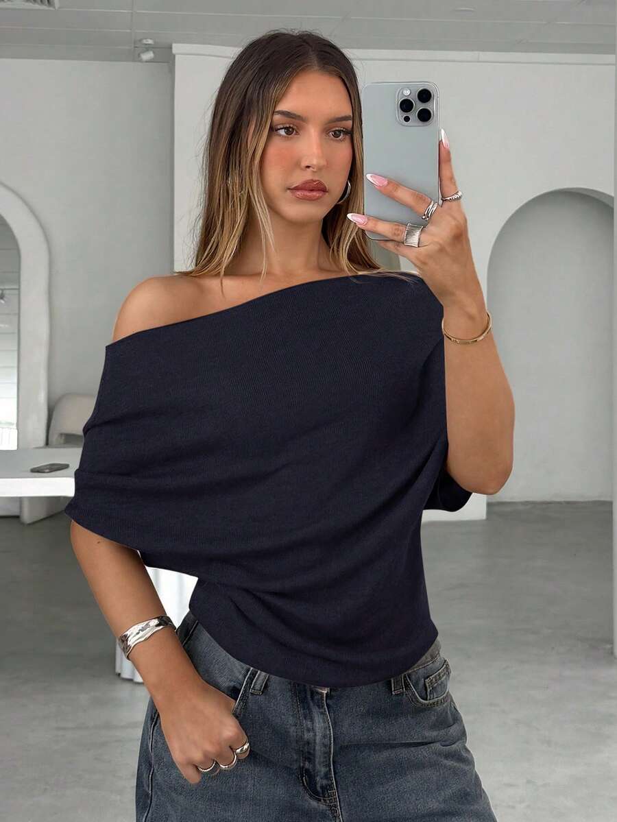 Aloruh 女士秋冬新款炭灰色垂褶不对称肩部不对称领口短袖针织衫 - 藏蓝色 - 查看 1