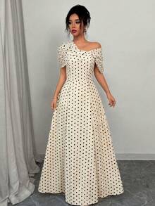 SHEIN Elenzya Asymmetric Shoulder Ruched Waist A-Line Elegant Romantic Dress For Women - Multicolor - View 5